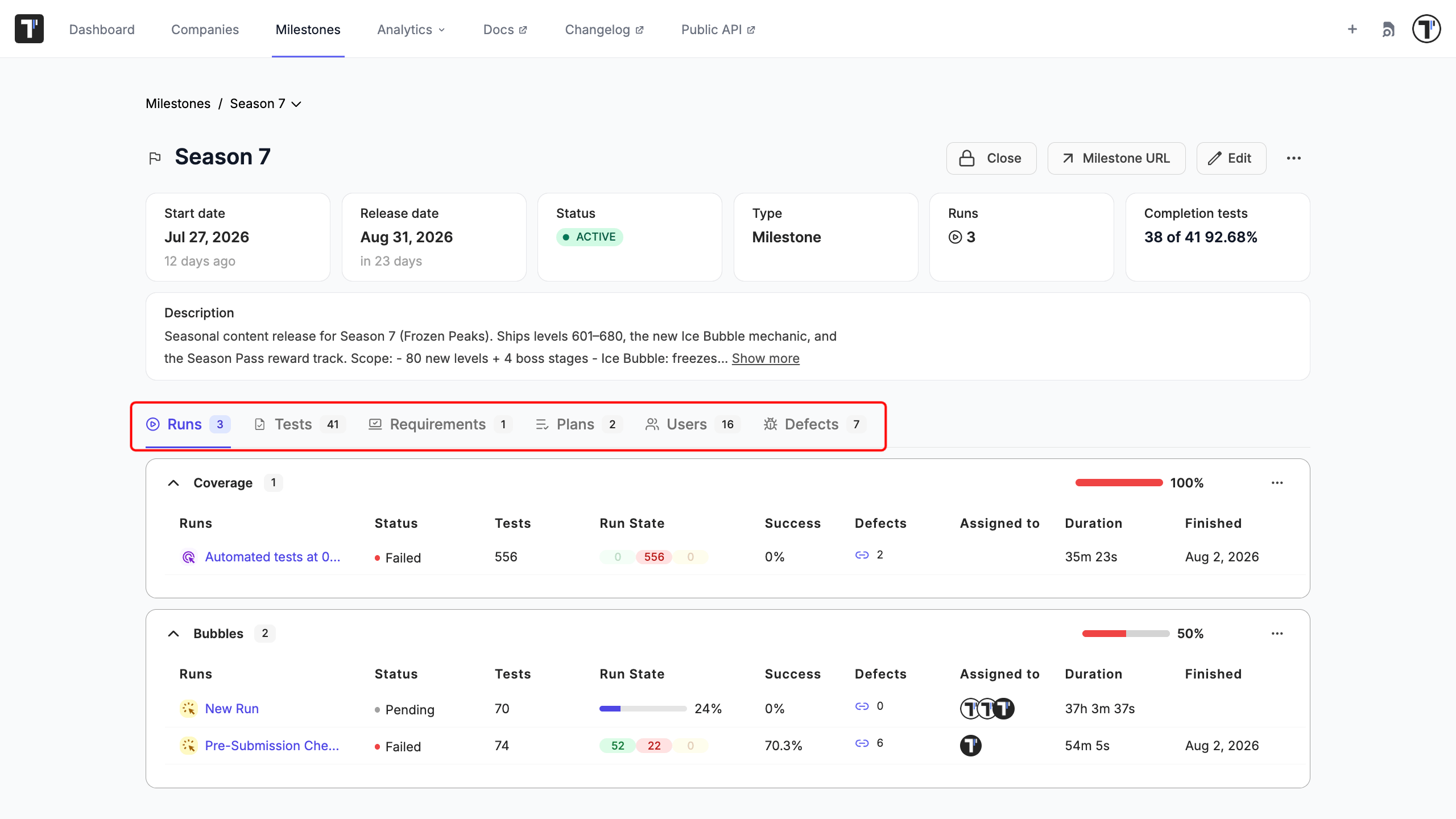 The milestone overview with its header stats and coverage list