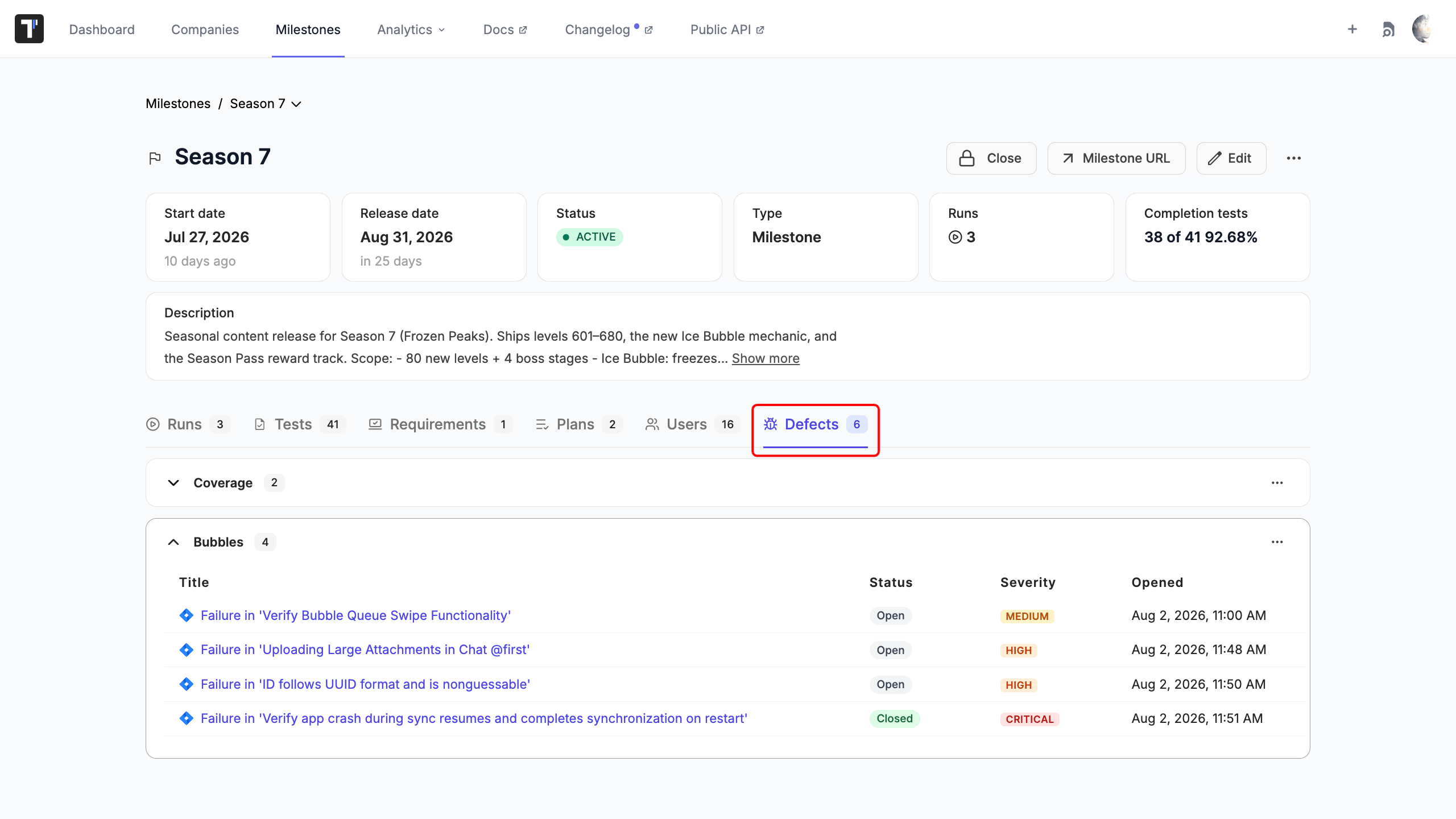 Defects tab in the project milestones